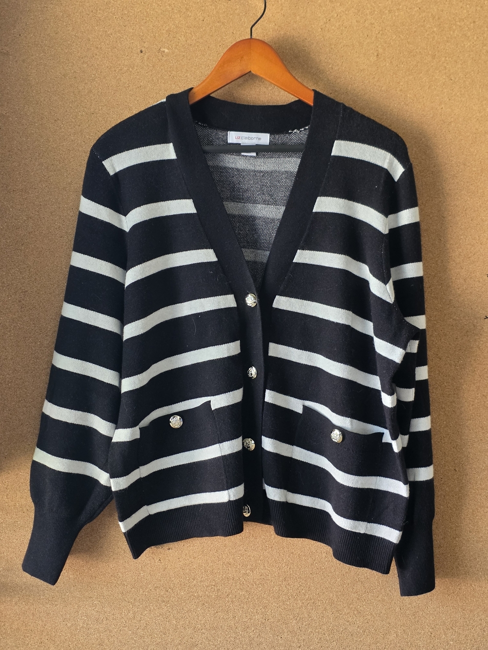 Liz Claiborne Striped Cardigan Sweater XL V-Neck Silver Crest Button Preppy Cool